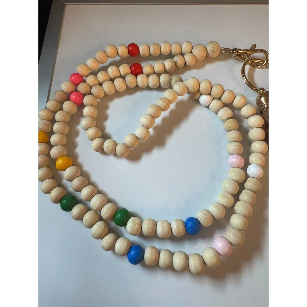 Natural Wood Beaded Lanyard Keychain with Colorful Accents and‎ Tassel Gold Tone